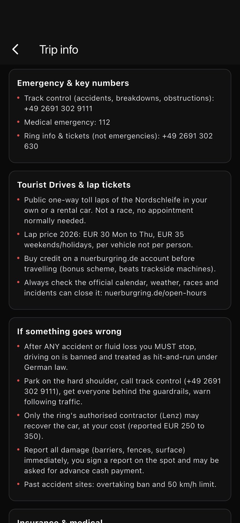 The Trip info screen showing emergency numbers and tourist drive sections