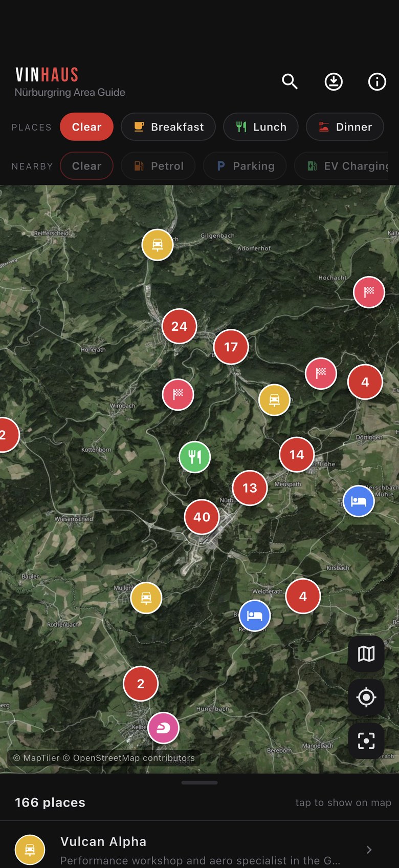 Ring Guide map screen showing clustered place markers over satellite imagery of the Eifel