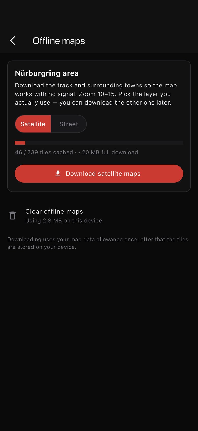 The Offline maps screen with the satellite and street layer picker and download progress