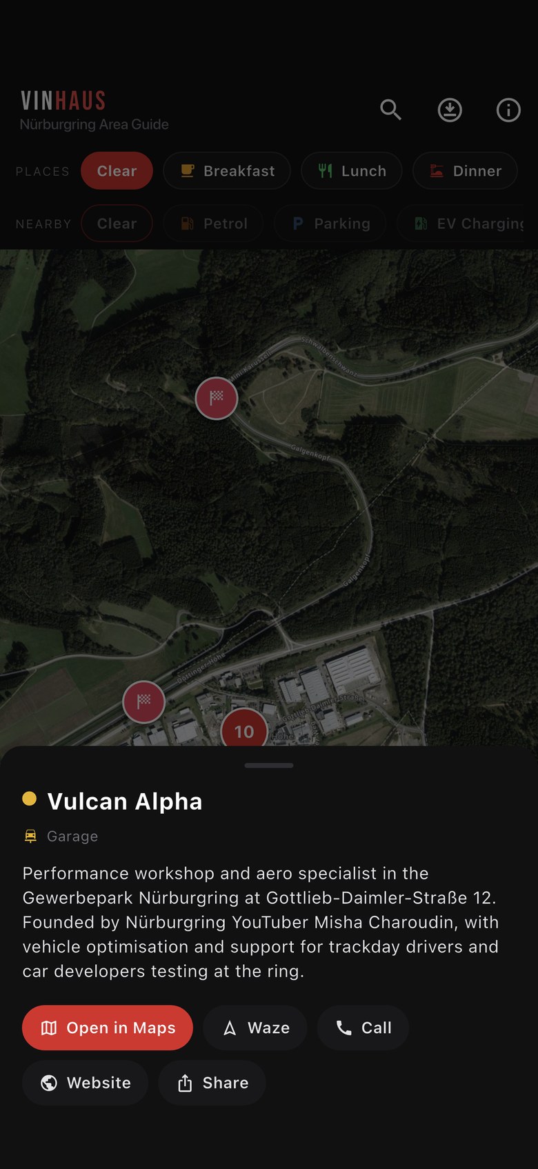 Place detail sheet with description and Open in Maps, Waze, Website and Share buttons